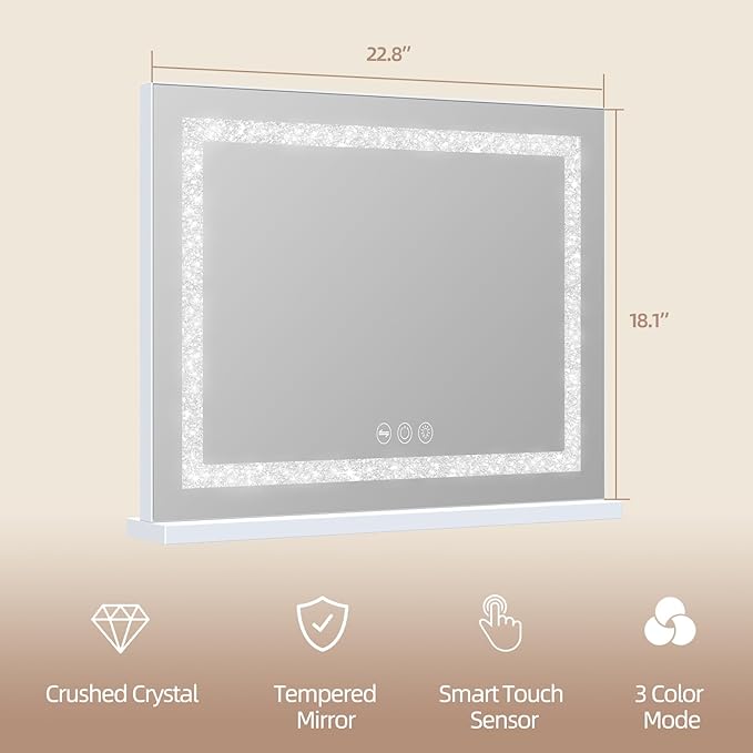 Misavanity Vanity Mirror with Lights Tempered Glass 22.8" x 18.1" Lighted Makeup Mirror with Light Strip Crushed Crystal 3 Colors Modes Dimmable Lights USB Charging Port and 10X Magnification, White