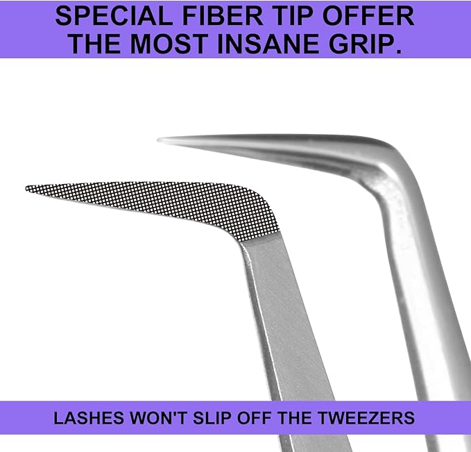 Fiber Tip Lash Tweezers For Eyelash Extension 4 Pcs Tweezers Professional Artist Tech Work Kit Tools,Best Volume Eyelash Extensions Precision 90 45 Degree(White Silver)