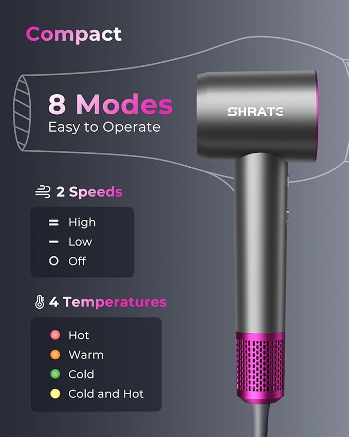 SHRATE Professional High Speed Ionic Hair Dryer | Ultra-Fast Drying | 500 Million Negative Ions | Low Noise | 160000 RPM | Compact Blow Dryer with Magnetic Diffuser for Faster Drying All Hair Types