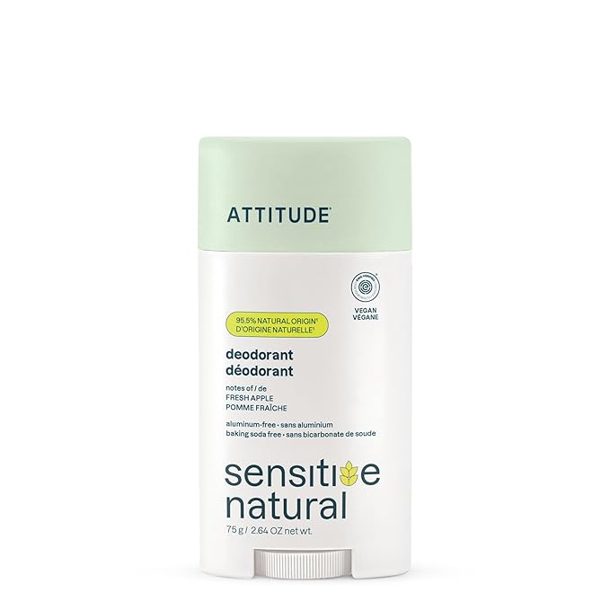 ATTITUDE Deodorant for Sensitive Skin, Aluminum Free & Baking Soda Free, Gentle & Vegan, Long-Lasting Odor Protection, Fresh Apple Scent, 2.64 Oz