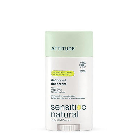 ATTITUDE Deodorant for Sensitive Skin, Aluminum Free & Baking Soda Free, Gentle & Vegan, Long-Lasting Odor Protection, Fresh Apple Scent, 2.64 Oz