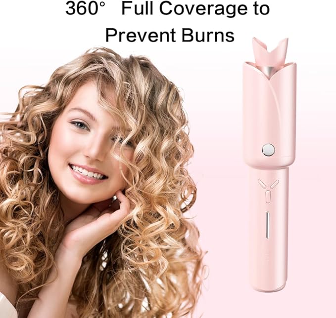 Automatic Curling Iron - Cordless Hair Curler, 1 inch Hair Curling Iron for Hair Styling,Intelligent Temperature Control, 360° Full Cover Anti-scalding, Suitable for Home, Travel (Pink)