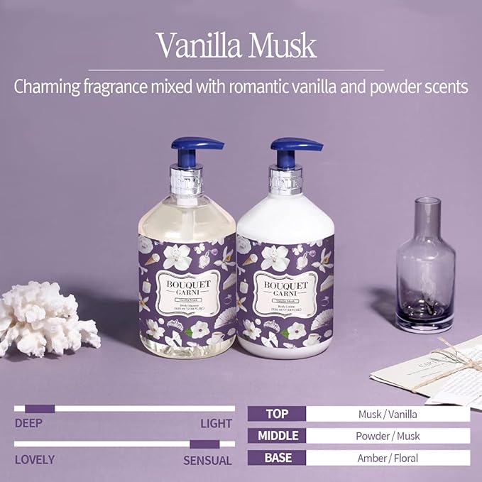 Bouquet Garni Body Shower Vanilla Musk Fragrance - Gentle Cleaning, Skin Care, Long-lasting Fragrance (Containing Tea Tree and Lavender Extract) - 17.6 oz