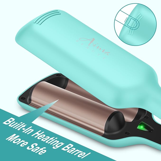 32mm (1.25") Aima Beauty Twins Mermaid Loose Waves Hair Waver, Anti-Scald 2 Barrel Curling Iron, Hair Crimper, Ionic Care Wave Iron Worldwide Dual Voltage 15S Heats Up Medium/Long Hair Light Green