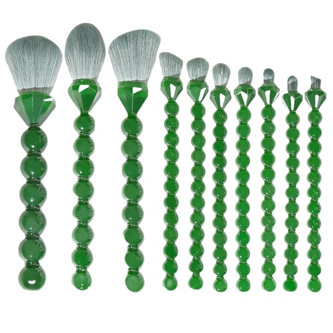 COSHINE Unique Diamond and Pearl Design Makeup Brush Set, 10pcs Cute and Full Complete Powder, Concealer, Blush, Eye Shadow Cosmetic Brushes Kit (GREEN)
