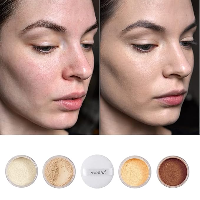 2 Pcs PHOERA Setting Powder, Lightweight Control Oil Brighten Skin Color Blemish Face Setting Full Coverage Loose Powder。 (01# Translucent & 02# Cool Beige)