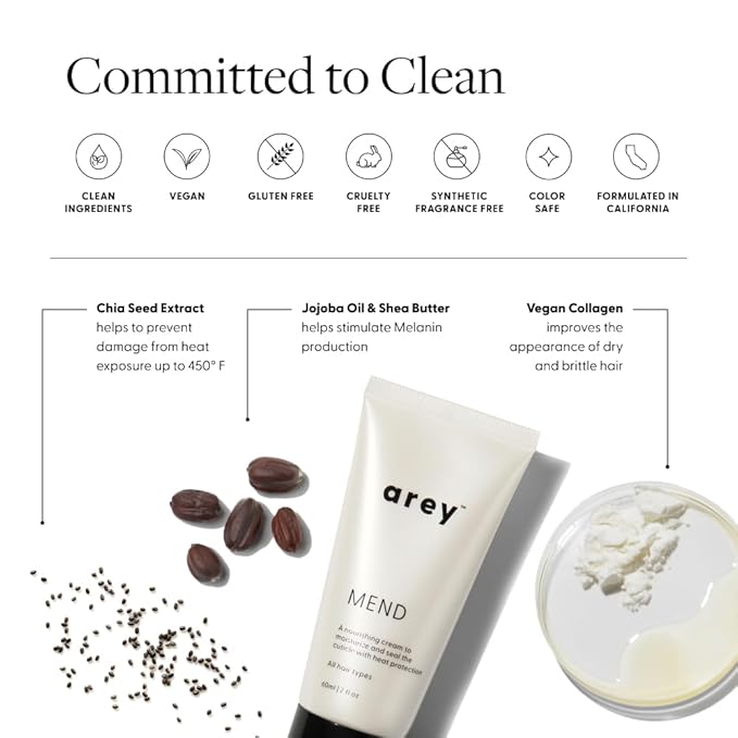Arey Mend Heat Protectant Leave-In Conditioner | Detangles, Rehydrates, Strengthens and Protects Hair up to 450°F | Vegan, Cruelty-Free & Gluten-Free (2 Fl Oz)
