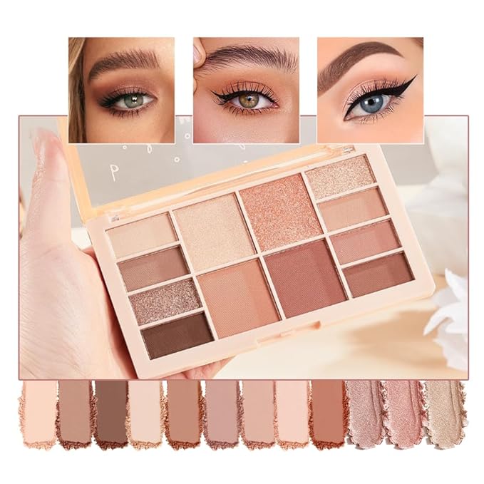 12 Colors Velvety Smooth Eyeshadow Palette, Warm Neutral Nude Matte & Shimmer Eye Shadow Shades, Highly Pigmented Blendable Waterproof Long-Lasting Daily Eye Makeup Palette for Women, 01#