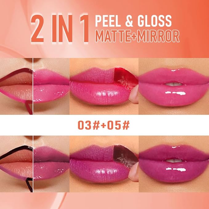 2Pcs Peel Off Lip Gloss Tattoo and Lip Oil 2-in-1, Lip Stain Peel Off Masque - Peel Off Lip Tint ,Long Lasting Waterproof Transfer-proof Lip Mask Lip Gloss Peel Off Lip Liner,Stay Lip Makeup 03#+05#