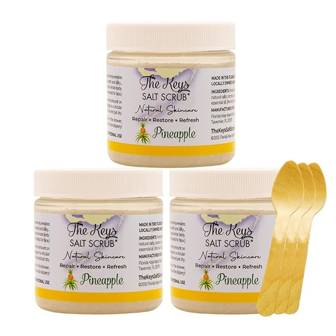 The Keys Salt Scrub -Sea Salt Scrub - Exfoliating Body Scrub with Wooden Spoon - Moisturizing Exfoliator for Hands, Foot, Bath, (Pineapple) (3.4 Fl Oz (Pack of 3), Pineapple)