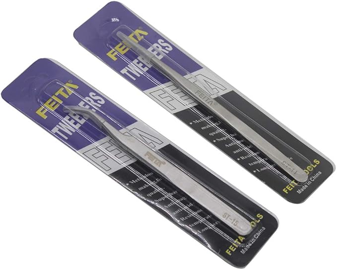 Best Eyelash Extension Tweezer Set - FEITA Pro Straight & Curved Pointy Precision Fine Tip Tweezers for Lash Extensions - Silver - 2Pcs
