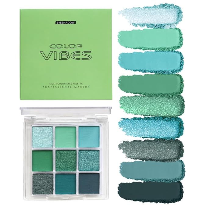 9 Colors Green Glitter Matte Eyeshadow Makeup Palette, Elphaba Witch Costume Eyeshadow Makeup, Highly Pigmented Bright Neon Dark Green Eye Shadow for Fairy Joker Goth Wicked Halloween Parties Makeup