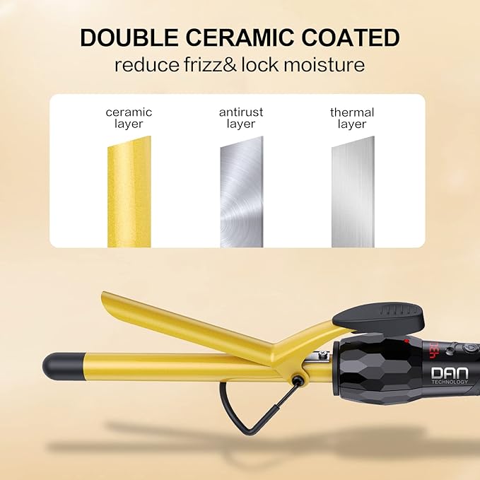 DAN Technology 5/8 Inch Curling Iron Wand, Tourmaline Ceramic Hair Curler with LCD Display (180°F–430°F), Fast Heating, Dual Voltage, Auto Shut-Off, Black & Gold