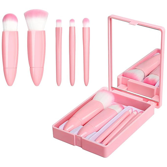 Travel Makeup Brush Set, Portable 5 PCS Mini Makeup Brushes with Mirror, Easy-taken Makeup Tool Set for Eyeshadow, Contour, Blush, Complete Function Cosmetic Profesional Tools (Pink)