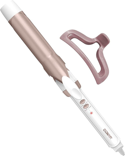 Conair Double Ceramic 1 ¼-Inch Curling Iron with Claw Clip, 1 ¼ -Inch Barrel Creates Loose Curls, Hair Curler for Use on Medium & Long Hair, White/Rose Gold