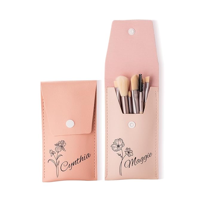 callie Personalized Birth Flower Makeup Brush Set, Custom Travel Cosmetic Makeup Brush Set with Bag Holder Case, Birthday Gift for Women (8 Brushes)