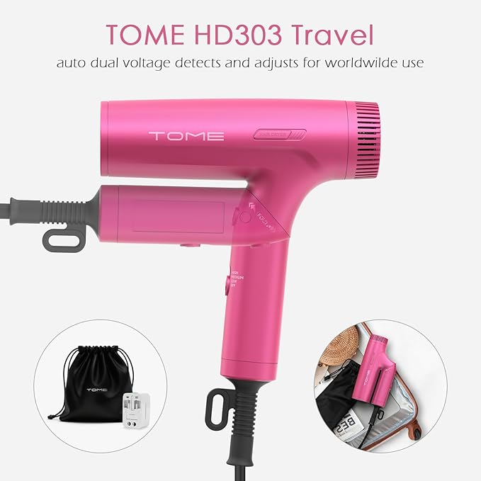 TOME 1200W Hair Dryer Travel Dual Voltage 120V/240V Foldable Blow Dryer with Diffuser Comb Nozzle Storage Bag Universal Power Adapter (Hot Pink)