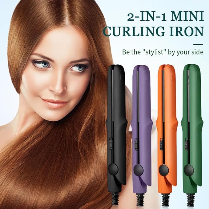 2026 New Mini Dual Purpose Curling Iron, 2-in-1 Mini Curling Wand Flat Iron Hair Straightener, Portable Travel Curling Wand for Short and All Hair Types (Light Purple)