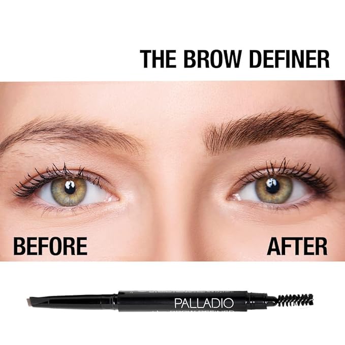 Palladio Brow Definer Retractable Pencil, Triangular Tip Fills Brows for a Natural Look, Tame and Shape Eyebrows with Spoolie Brush, Eyebrow Shaper, Buildable Light to Dark Colors, (Medium Brown)