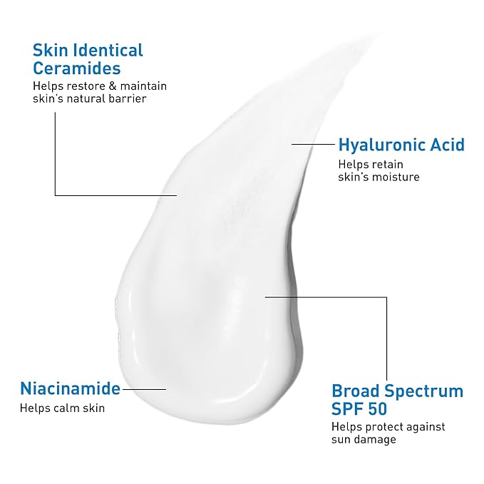 CeraVe AM Facial Moisturizing Lotion SPF 50, Face Moisturizer with SPF, Hyaluronic Acid, Niacinamide & Ceramides, Non-Greasy, Blends Seamlessly With No White Cast, Non Comedogenic Sunscreen, 3 Oz