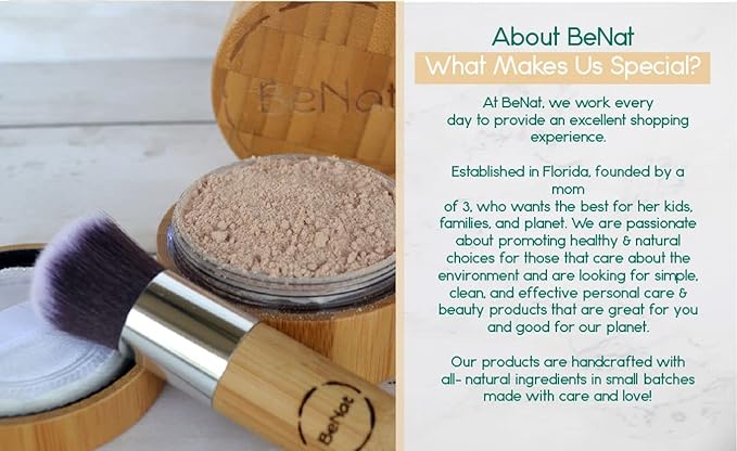 BeNat. Translucent Loose Powder. Vegan. All-Natural Translucent Soft-Matte Finish. Artisanal, Crafted with Fewer, All-Natural Ingredients. Packed in a Beautiful Bamboo, Eco-Friendly Case.