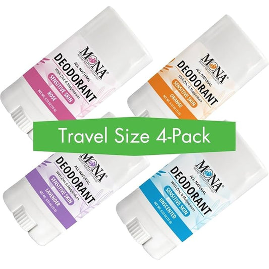 MONA All Natural MINI DEORORANT For Women & Men | Vegan & Safe for Sensitive Skin | Aluminum & Baking Soda free Deodorant with All Natural Fragrance | (Travel 4-Pack VAR-1 (0.53 Oz each))