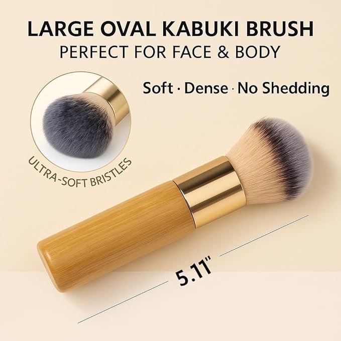 Kabuki Self Tanning Brush - Ultra Soft Kabuki Makeup Brush for Face & Body, Flawless Streak-Free Self Tanner Applicator, Powder Foundation, Bronzer, Tanning Mousse & Shimmer Glow - Bamboo Handle