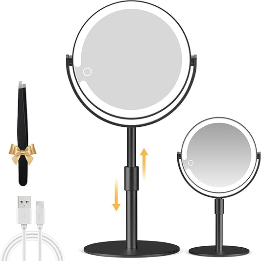 Magnifying Mirror with Light 20X, Height-Adjustable Lighted Makeup Mirror with Magnification, Double - Sided Aluminum Alloy LED Mirrors, 3 Lighting Modes Ideal for Bathroom Make-up, Black