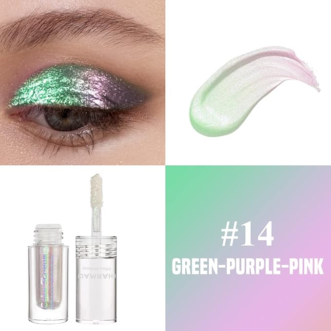CHARMACY Liquid Duochrome Eyeshadow, Multi-Dimensional Eye Looks, Long Lasting Glitter Eye Shadow Sets Metallic Pigments, Quick Drying, Sparkling Shiny Eye Makeup for Beginners, 1.6g (#14)
