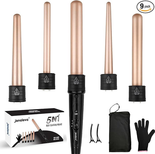 janelove 5 in 1 Wand Curling Iron Set, Ceramic Hair Curling Iron(0.35”-1.25”), Hair Curler for All Hairstyle, with Adjustable Temperature Dual Voltage, Instant Heat up, with Glove & 2 Clips(Gold)