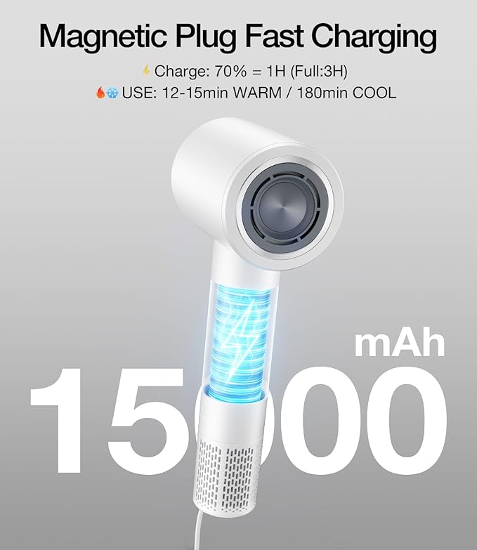 YALICE Cordless Hair Dryer Rechargeable with Digital Screen, 15000mAh Travel Hair Dryer with Magnetic Nozzle, 4 Mode Portable Hair Blow Dryers for Women Kids Outdoor Camping Beaches (White)
