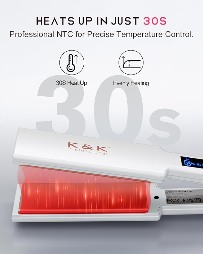 K&K Nano Hair Straighteners Wide Plates, Adavance Ceramic Coated Plates Digital Display Ultra-Fast Heat Up Auto Safety Shut Off Plancha De Pelo Dual Voltage UK Plug, for Thick Hair