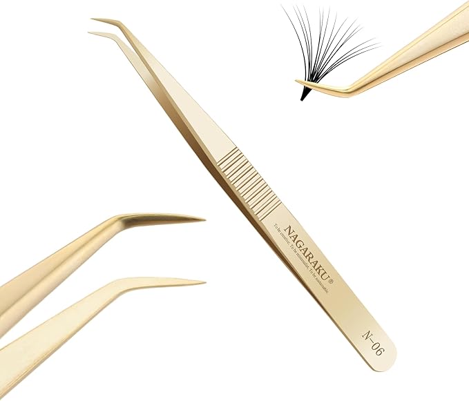 NAGARAKU Gold Tweezers for Eyelash Extensions Curved Angled Volume Cluster Super Light Weight Easy Fanning Tweezers Stainless Steel Precision (N-06)