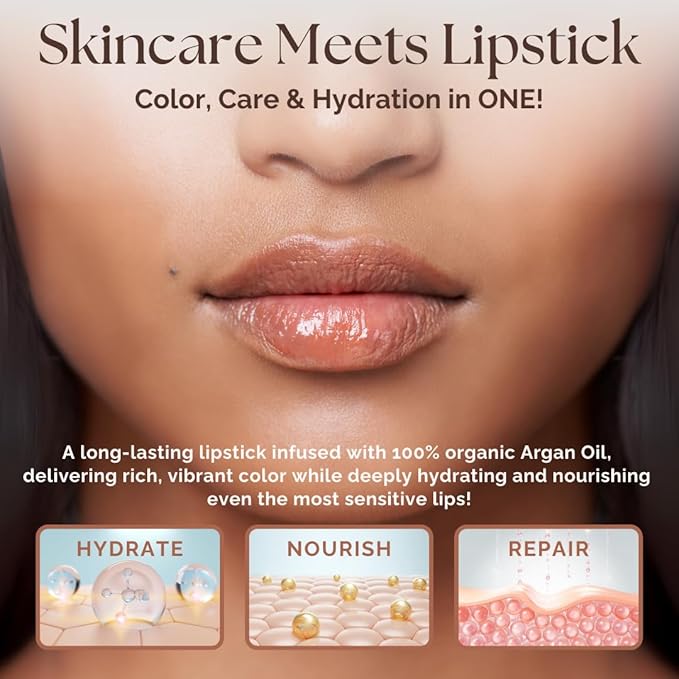 Essence Of Argan Pink Lip Stick for Cracked and Dry Lips - 100% Pure Argan Oil, Shea Butter, Jojoba Oil & Aloe Vera - Hydrating Long Lasting Lipstick - Deep Moisturizing Pink LipStick for Women