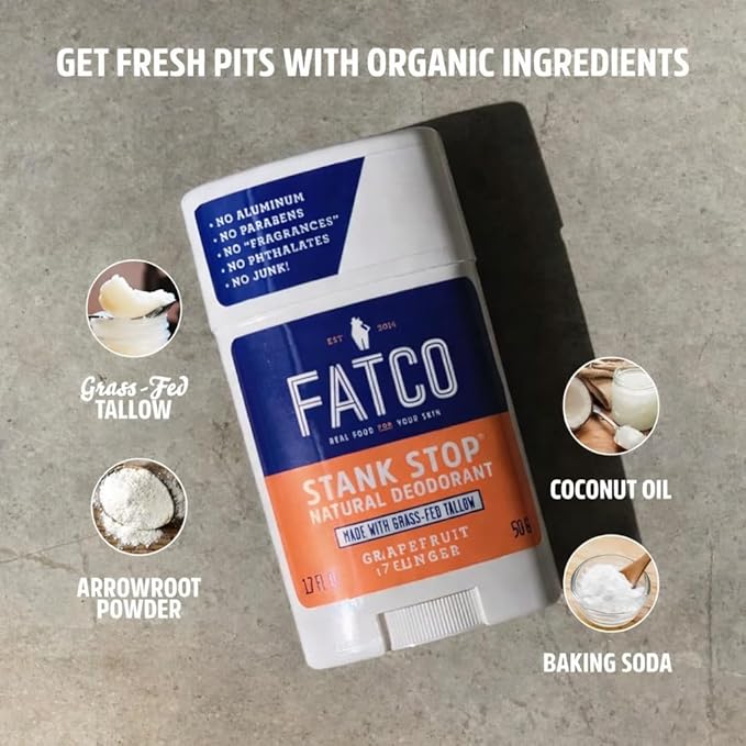 FATCO Stank Stop All Natural Deodorant with Tallow and Organic Coconut Oil – Grapefruit + Ginger 2-Pack (1.7 oz)