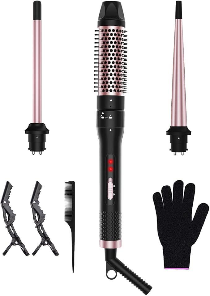 3 in 1 Curling Iron, Curling Wand Set with Thermal Brush, 3 Interchangeable Ceramic Hair Wand Curler (0.5”-1.5”), Dual Voltage 30s Fast Heating with Heat Resistant Glove & 2 Clips and Gift Box