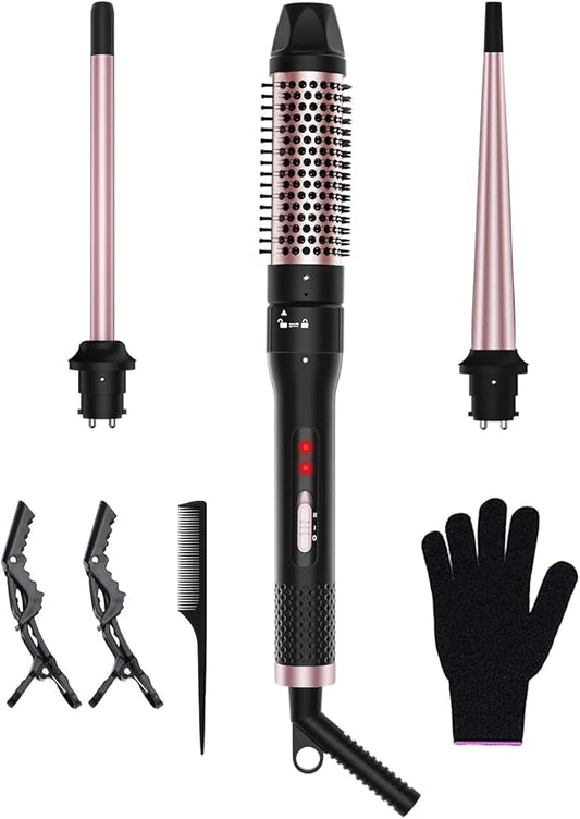 3 in 1 Curling Iron, Curling Wand Set with Thermal Brush, 3 Interchangeable Ceramic Hair Wand Curler (0.5”-1.5”), Dual Voltage 30s Fast Heating with Heat Resistant Glove & 2 Clips and Gift Box