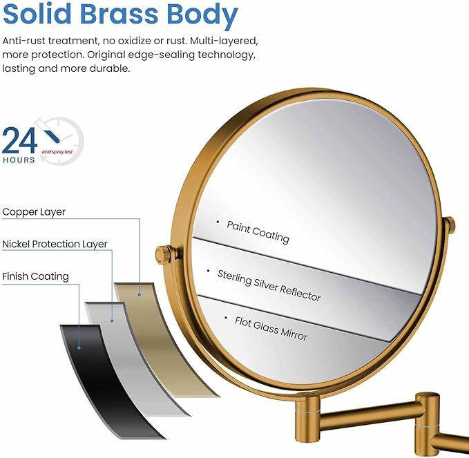 KIBI Circular Wall Mount Makeup Mirror, Dual-Sided 1x/5x Magnifying Mirror with Extendable Arm, 360° Swivel, Solid Brass Construction for Durability and Style (Matte Black - KMM100)
