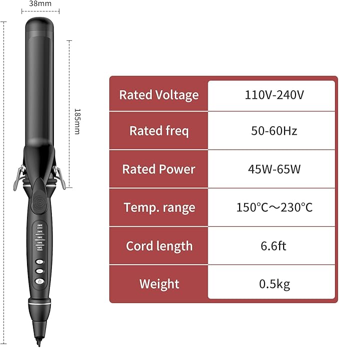 1 1/2 Inch Curling Iron, Tourmaline Ceramic Extra Long Barrel Curling Iron 1.5 Inch with Auto Shut-Off, Dual Voltage 110-240V Hair Curler Suitable for Travel, Including Glove