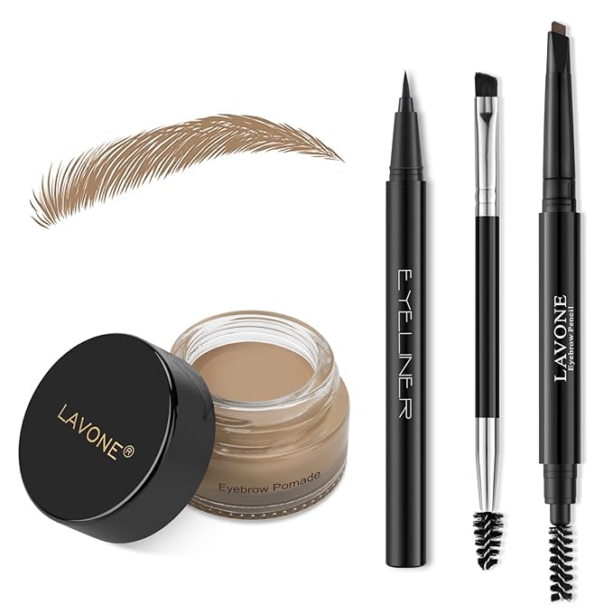 LAVONE Eyebrow Stamp Pencil Kit for Brows, Makeup Brow Stamp Trio Kit with Waterproof Pencil, Eyeliner, Pomade, and Dual-ended Brush - Taupe