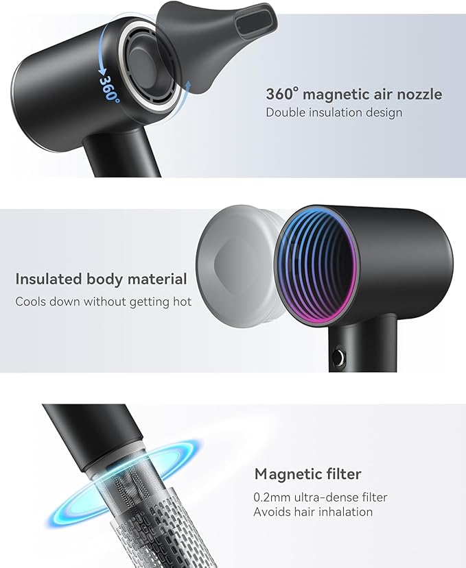 High-Speed Hair Dryer, Negative Ionic Blow Dryer with 110,000 RPM/1500W Brushless Motor for Fast Drying, Lightweight Hairdryer for Travel and Home, with Diffuser, Magnetic Nozzle