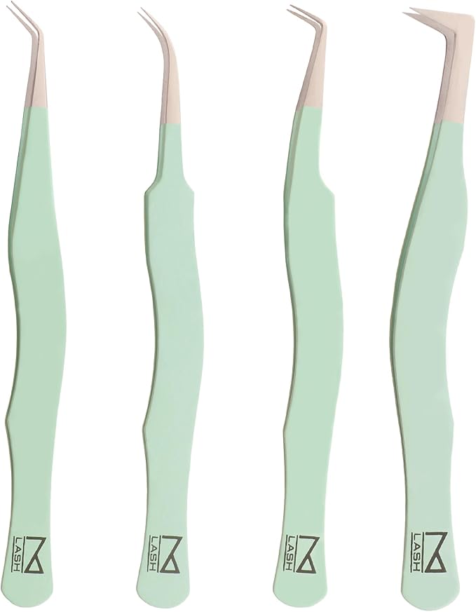 M LASH Eyelash Tweezers for Eyelash Extensions (Set of 4) - Professional Lash Extension Tweezers - Fiber Tip Lash Tweezers, Japanese Steel, Diamond Grip For Flawless Application (Green)