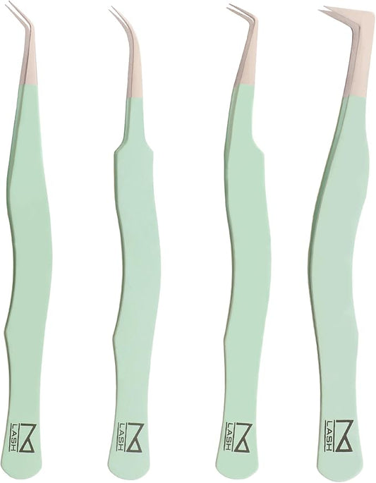 M LASH Eyelash Tweezers for Eyelash Extensions (Set of 4) - Professional Lash Extension Tweezers - Fiber Tip Lash Tweezers, Japanese Steel, Diamond Grip For Flawless Application (Green)