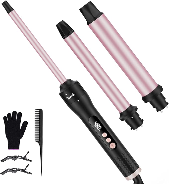 3 in 1 Curling Wand Set, Curling Iron Set with 3 Interchangable Ceramic Curling Wands (0.5”-1.25”), Fast Heating Up Hair Curler, Dual Voltage Wand Curling Iron