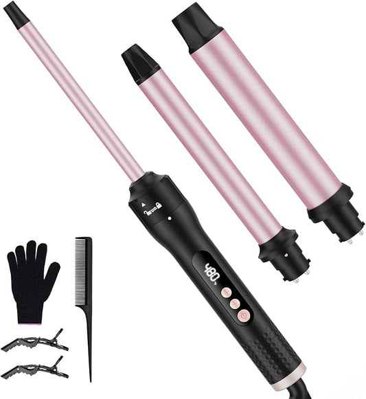 3 in 1 Curling Wand Set, Curling Iron Set with 3 Interchangable Ceramic Curling Wands (0.5”-1.25”), Fast Heating Up Hair Curler, Dual Voltage Wand Curling Iron