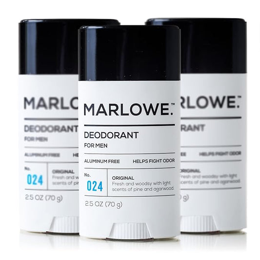 MARLOWE. No. 024 Natural Deodorant for Men 3-Pack | Aluminum Free Stick | Made with Coconut Oil, Shea Butter, Jojoba | Only No-Nonsense Ingredients that Work Best | Sage & Fir Scent