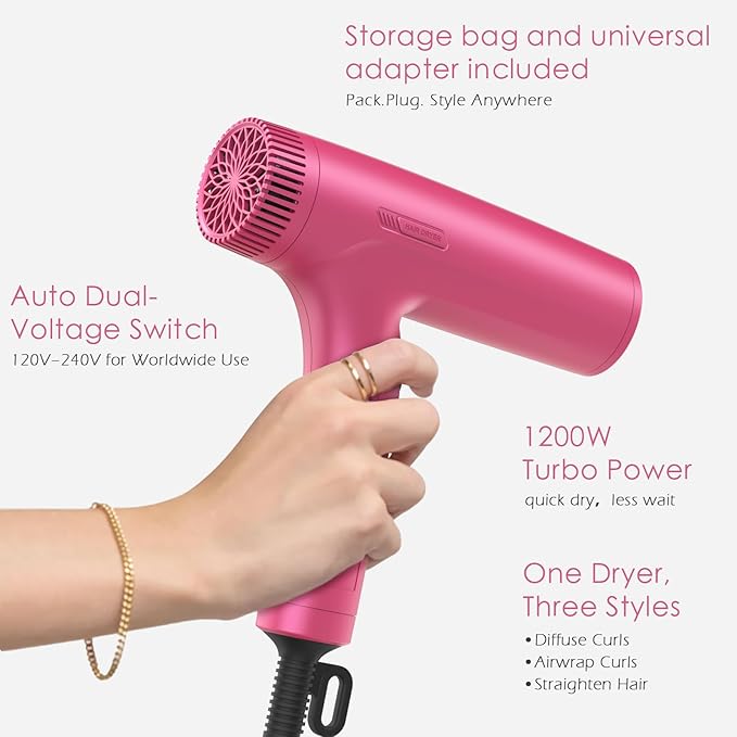 TOME 1200W Hair Dryer Travel Dual Voltage 120V/240V Foldable Blow Dryer with Diffuser Comb Nozzle Storage Bag Universal Power Adapter (Hot Pink)