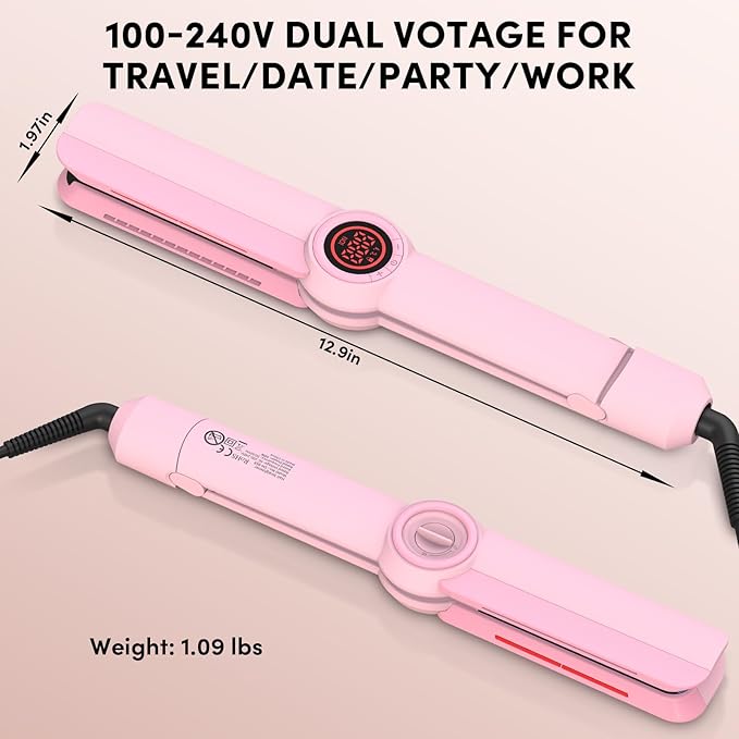 Hair Straightener, 1.5” Ceramic Wide Flat Iron with Infrared and Negative Ions, LCD Temp Control, Dual Voltage, Anti-Frizz Styling for All Hair Types, Pink