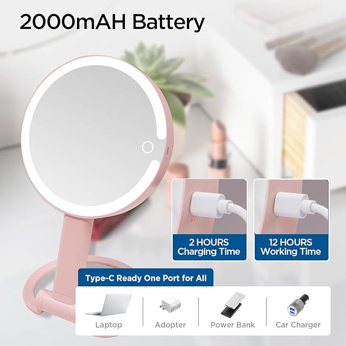 Makeup Mirror with Lights - 360° Rotation, 3 Color Modes (Dimmable), 1X/10X Magnifying Double-Sided Mirror, Rechargeable & Portable Vanity Mirror with Touch Control for Tabletop, Home, Travel Pink