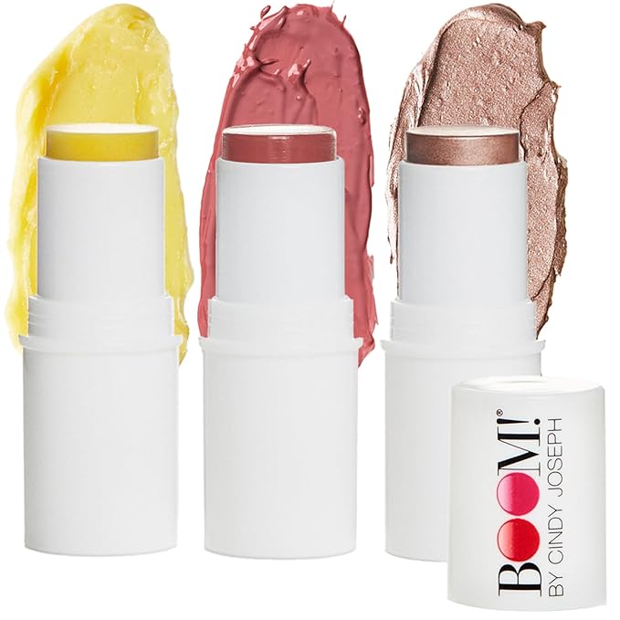 Boomstick Trio ® Rose Nude 3 Pack Cream Blush Makeup - Rose Nude Blush Stick, Highlighter Stick & Moisturizer for Cheeks, Eyes & Lips - Boom Sticks by Cindy Joseph for Older Women